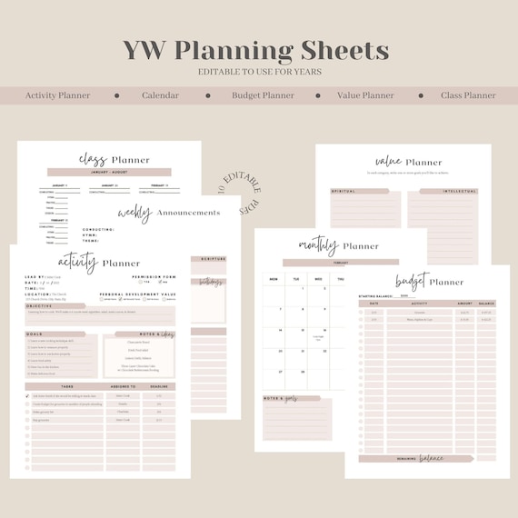 LDS YW Planning Worksheets: 10 Simple &amp; Elegant Editable | Etsy