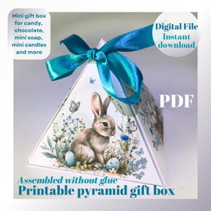 Puede incluir: Plantilla PDF imprimible para una caja de regalo piramidal con un diseño de conejo y flores. La caja se ensambla sin pegamento y es ideal para guardar pequeños regalos como dulces, chocolate, jabón o velas. Archivo digital Descarga instantánea.