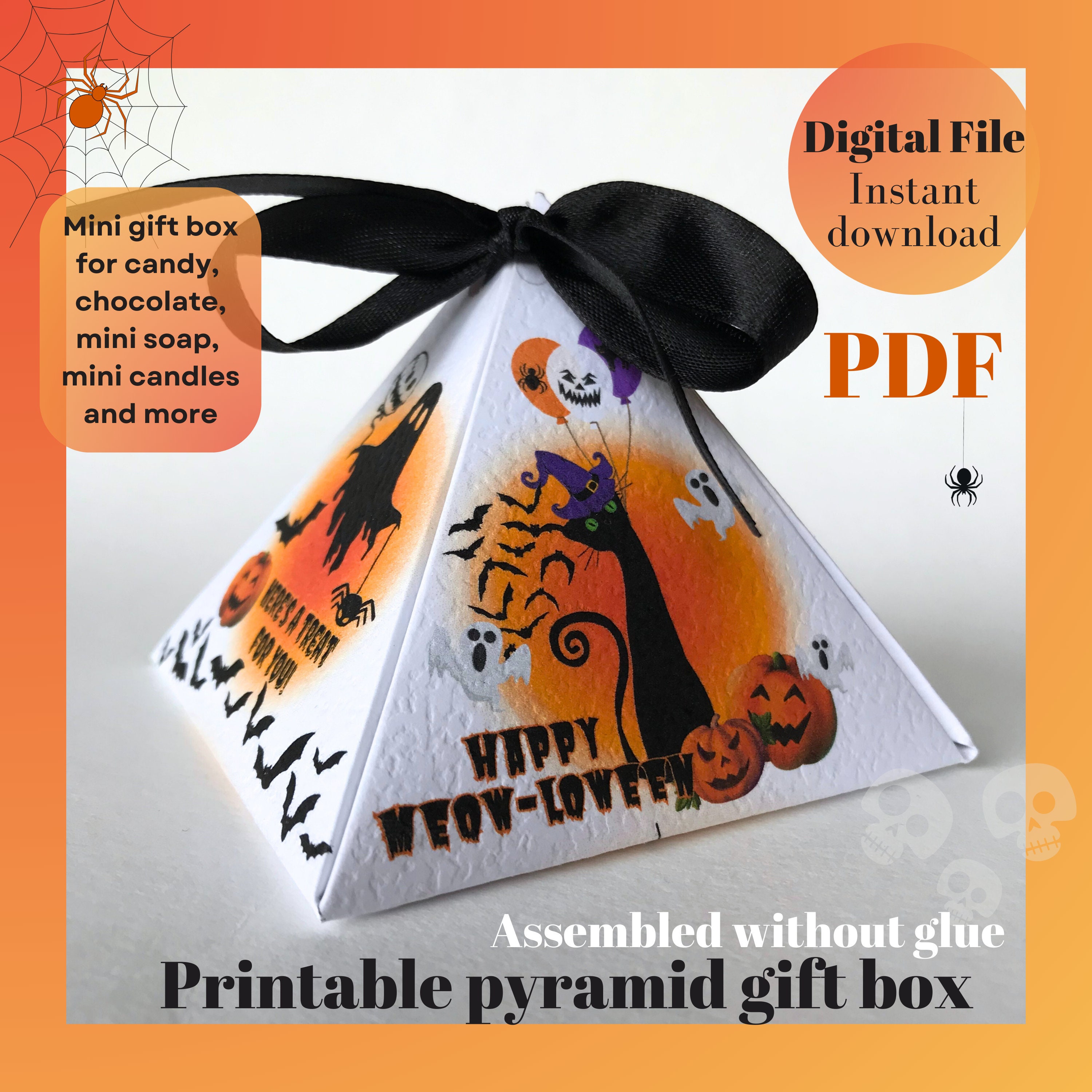 Happy MeowLoween Printable Halloween Mini treat box Halloween Party Favor Box DIY Pyramid Gift Box Template Digital Download PDF