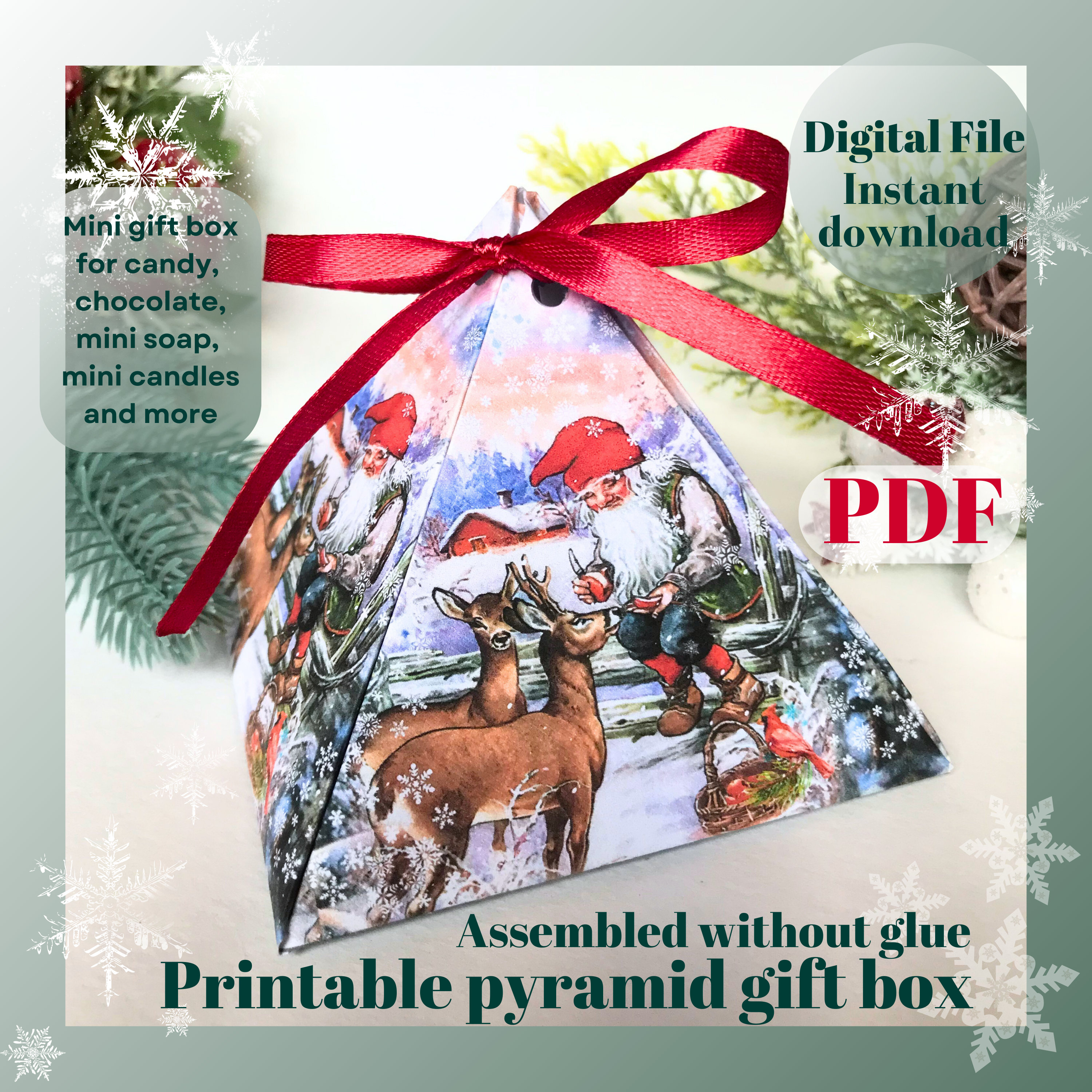 Mini Present Box Layout Printable Christmas Mini Gift Box New Year Party Favor Box DIY Pyramid ...
