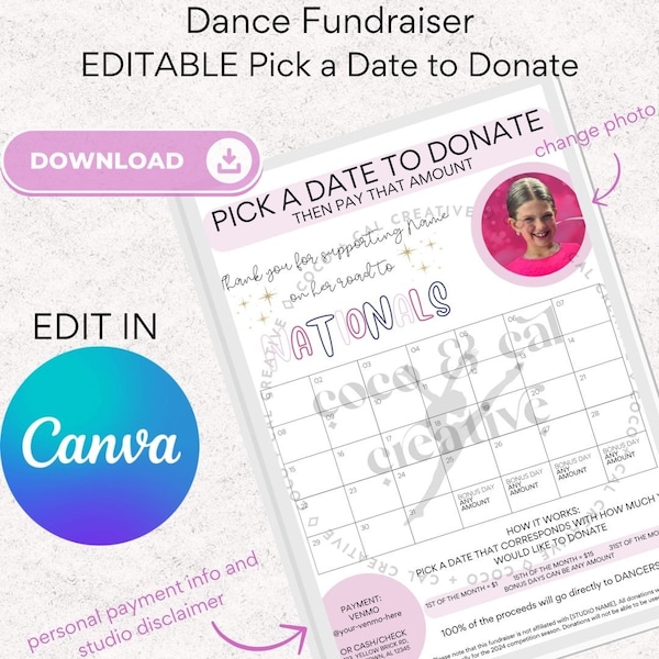 PICK A DATE Fundraiser | Dance Fundraiser | Instant Download | Canva Template | Fundraiser Template | Digital Download | Calendar Fundraiser