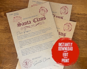 Printable Santa Letter Template | Digital letter from Santa file | Editable Santa Clause letter design template