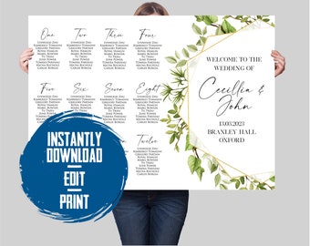 Botanical Wedding Seating Chart Template | Geometric Sign (Canva Template)