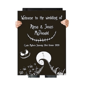 Bruiloft welkomstbord Black Nightmare before Christmas Tim Burtons Jack Sally welkomstbord tafelplan
