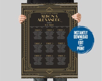 Art Deco Wedding Seating Chart, Canva Template Wedding Seating Chart Template, Wedding Reception Custom sign, Great Gatsby