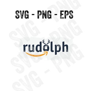 May include: A digital design featuring the word "rudolph" with a stylized Amazon logo and reindeer antlers. The text "SVG - PNG - EPS" is above the design.