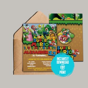 Super Mario verjaardagsuitnodigingen | Mario digitale uitnodiging | Nintendo Gamer-verjaardagsfeestje | Uitnodigingen voor een Super Mario Bros-feest