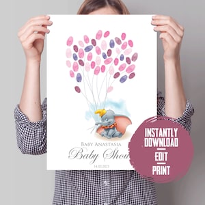 Instant Dumbo Fingerprint Tree Adorable Elephant Balloon Finger Print Birthday Christening Party Gift Idea Download