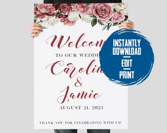 Floral Wedding Welcome Sign | Mauve Rose Decor (Canva Template)
