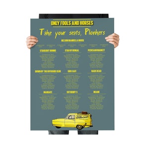 May include: A blue and yellow poster with the text "Only Fools and Horses Take your seats, Plonkers" at the top. The poster lists various locations with names like "Starlight Rooms", "Star of Bengal", "Peckham Market", "Down by the Riverside Club", "Sids Cafe", "Nags Head", "Margate", "Sotheby's", and "Miami". Below the list of locations is a yellow van with the text "Trotter's Independent Trading Co."
