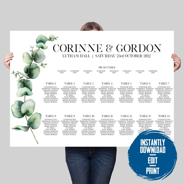 Eucalyptus Sage Wedding Table Plan | Custom Wedding Seating Chart Landscape | Bespoke Wedding Welcome Sign | Large Table Plan Board