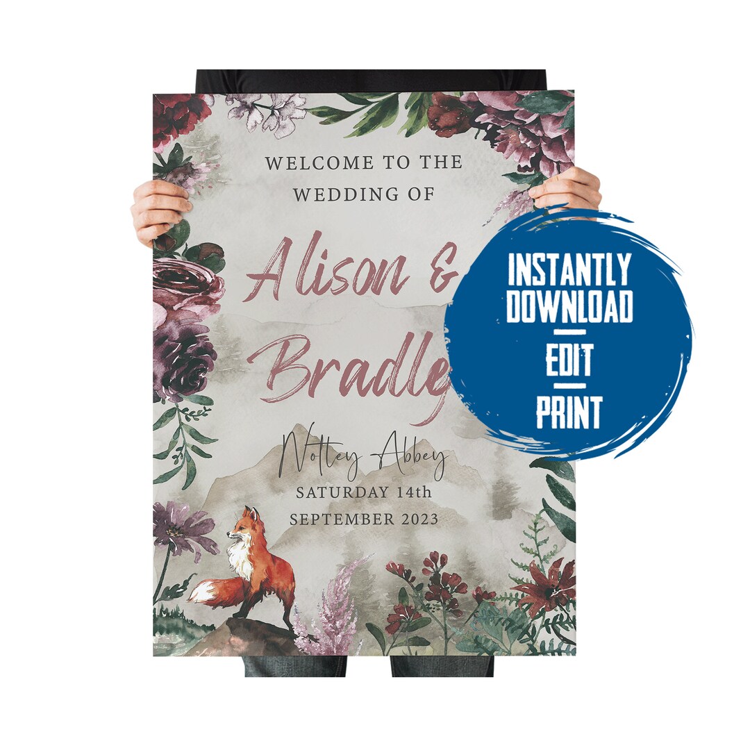 Boho Woodland Wedding Welcome Sign, Fox Floral Design (digital Download ...