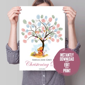 Winnie The Pooh Fingerprint Tree | Editable Download | Nursery Keep Sake | Christening Baptism Gift | Instant