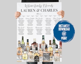 Whiskey Bottle Wedding Seating Chart | Scotch Theme (Canva Editable, Digital Download)