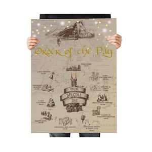 May include: A wedding day schedule illustrated as a map with a castle in the background. The map is titled "Order of the Day" and includes times for events such as the wedding ceremony, reception, and dinner.