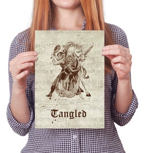 May include: A vintage-style illustration of Rapunzel and Flynn Rider from the Disney movie Tangled. The image is set against a background of musical sheet music with the words "Can You Feel the Love Tonight" printed at the top. The title "Tangled" is printed in a bold font at the bottom of the image.