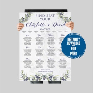 Canva Template Summer Wedding Welcome Sign, Mexican Wedding Seating Chart, Destination Wedding, Italian Wedding Decor, Watercolour Olive