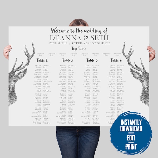 Trestle table Stag Wedding Seating Chart. Christmas Sign, Reindeer, Download Long Table Seating Plan Editable Sign Templett