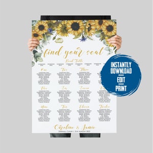 Summer Wedding Decor | Sunflower Wedding Seating Chart | Canva Template | Country Wedding | Instant download Wedding Sign | Yellow Wedding