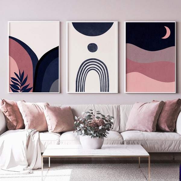 Pink and Navy Wall Art, Set of 3, Abstract Art, Printable, Pink Wall Art, Navy and Pink, Digital Prints, Mid Century modern, Girly Wall Art