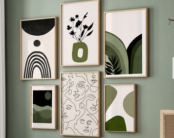 Sage Green Wall Art, Mid Century Modern Gallery Wall Set, Abstract Art, Boho Wall Art Printable Wall Art, Boho Prints, Face Line Art Digital