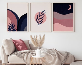 Navy and Pink Wall Art, Set of 3, Printable, Pink Wall Art, Dark Blue Art, Pink and Navy, Digital Prints, Mid Century modern, Girly Wall Art