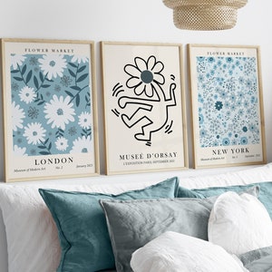 Blue Wall Art, Set of 3, Flower Market Print, Printable Wall Art, Botanical Print Set, Flower Market Poster, Keith Haring Poster, London Art