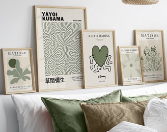 Matisse Print Set, Sage Green Wall Art, Flower Market Print, Yayoi Kusama, Keith Haring, Digital Prints, Sage Green Prints, Green Wall Art