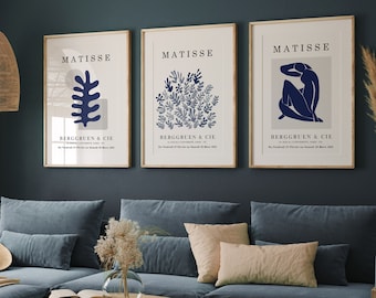 Navy Blue Wall Art, Blue Prints, Matisse Blue Print, Set of 3, Dark Blue Wall Art, Matisse Poster, Blue Wall Prints, Blue Art Print, Digital
