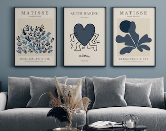 Blue Matisse Print Set of 3, Blue Prints Wall Art, Keith Haring Print, Blue Wall Art, Matisse Print Set, Blue Matisse, Henri Matisse Prints