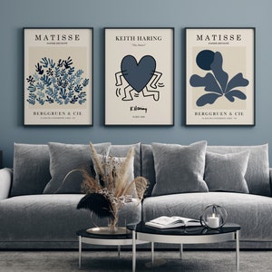 Blauwe Matisse print set van 3, blauwe prints kunst aan de muur, Keith Haring print, blauwe muur kunst, Matisse print set, blauwe Matisse, Henri Matisse prints