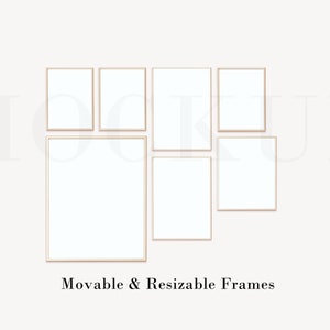 May include: A set of six gold picture frames of various sizes, arranged on a white wall. The frames are empty and ready for your photos or artwork.  Movable & Resizable Frames.