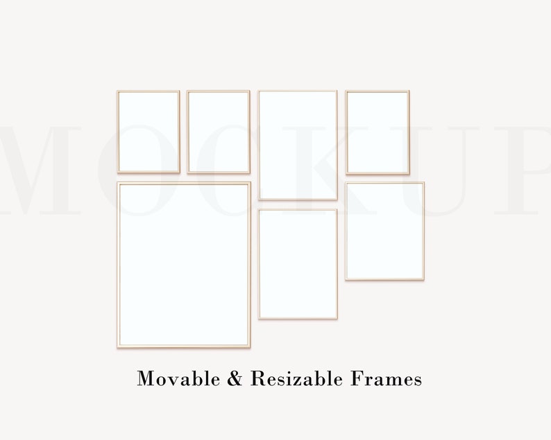 May include: A set of six gold picture frames of various sizes, arranged on a white wall. The frames are empty and ready for your photos or artwork.  Movable & Resizable Frames.