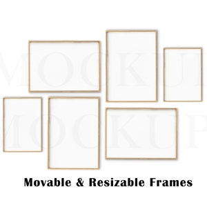 May include: Five gold picture frames of different sizes are arranged on a white background. The frames are empty and ready for your photos or artwork.  Movable & Resizable Frames.