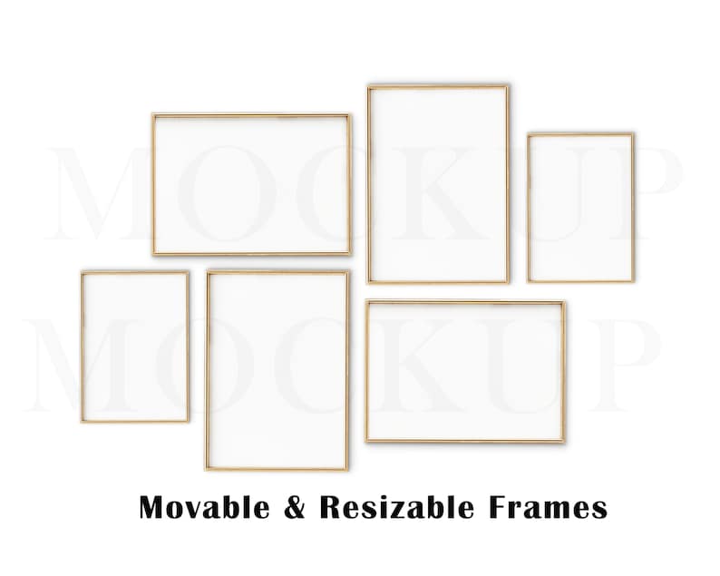 May include: Five gold picture frames of different sizes are arranged on a white background. The frames are empty and ready for your photos or artwork.  Movable & Resizable Frames.