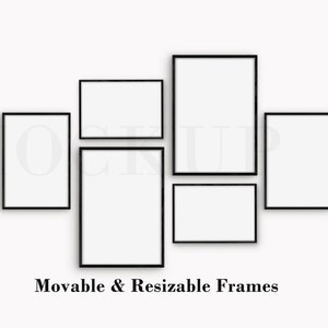 May include: Five black picture frames of different sizes are arranged on a white background. The frames are empty and ready to be filled with photos or artwork.  Movable & Resizable Frames.