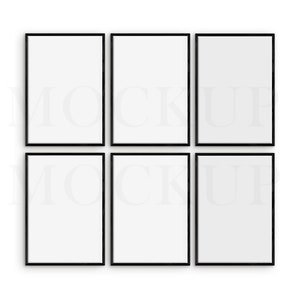 May include: Six black picture frames with white mats, arranged in a 2x3 grid. The frames are all the same size and are arranged in a symmetrical pattern.