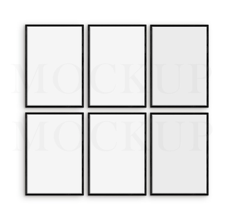 May include: Six black picture frames with white mats, arranged in a 2x3 grid. The frames are all the same size and are arranged in a symmetrical pattern.