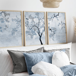 Chinoiserie wall art, Blue chinoiserie prints, Triptych wall art, Simple chinoiserie art, Botanical wall art, Light Blue Wall Art