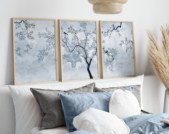 Chinoiserie wall art, Blue chinoiserie prints, Triptych wall art, Simple chinoiserie art, Botanical wall art, Light Blue Wall Art, Tree art