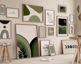 Green Wall Art, 15 Pieces Gallery Wall Set, Abstract Wall Art, Digital Download, Abstract Geometric Green Prints, Mid Century Modern Art