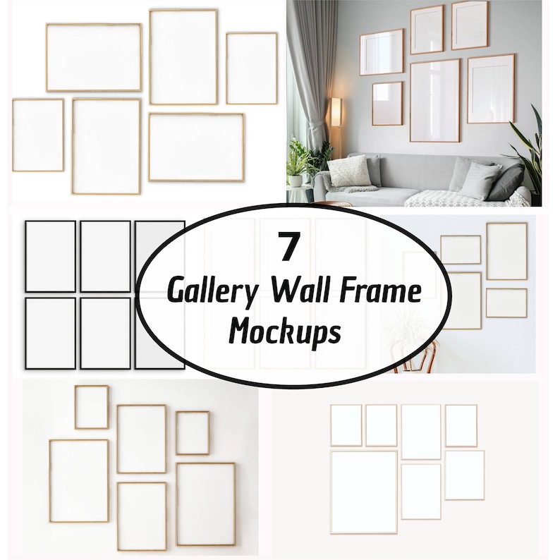 May include: Seven different gallery wall frame mockups with white backgrounds. The frames are in various sizes and arrangements, including a set of six smaller frames in a grid pattern.