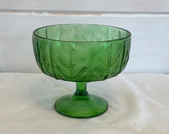 Vintage FTD 1975 Wide Stemmed Florists Planter Compote Bowl Emerald Green Embossed Leaf on Textured Glass