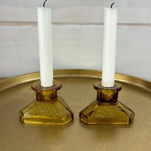 1930s Amber Gold Art Deco Candleholder Set of 2 EAPG Depression Glass Triangular Shape