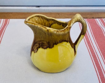 Vintage Ceramic Cream Pitcher in Yellow with Brown Drip Glaze