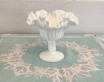 1960 Fenton Milk Glass Ruffled Compote with Cactus Pattern Footed Vase