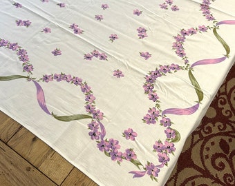1950s Tablecloth Lavender & Green Floral with Ribbon on White Cotton Linen, 54"x58" Square