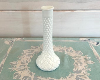 1950s Milk Glass Bud Vase Genie Bottle Diamond Pattern by Hoosier Glass