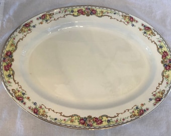 1940s China Platter by Edwin M. Knowles China Co. Pattern 42-3 Multicolor Florals, Scrolls on White