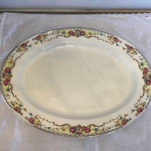 1940s China Platter by Edwin M. Knowles China Co. Pattern 42-3 Multicolor Florals, Scrolls on White image 1